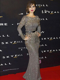 Rhinestone Gray Long Sleeve Mermaid Evening Dress Red Carpet Celebrity Party Prom Formal Occasion Gown